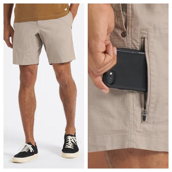 Vuori Mens Ripstop Tan Drawstring Zipper Pocket Casual Shorts 8" Inseam - Small - Picture 1 of 9